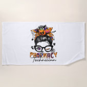 Messy Bun Apotheek Technicus Halloween Party Strandlaken (Voorkant)