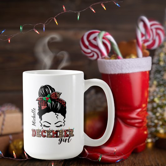 Messy Bun December Meisje Leopard Plaid Typografie Koffiemok