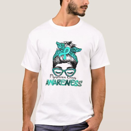 Messy Bun Hair Blauwgroen Ribbon Myasthenia Gravis T-shirt (Voorkant)
