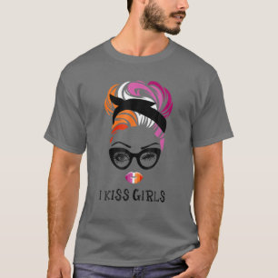 Messy Bun Hair I Kiss Girls Ma LGBT Lesbian Rainb T-shirt