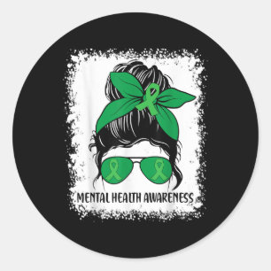 Messy Bun Mental Health's Awareness Green Ribbon _ Ronde Sticker