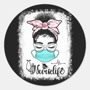 Messy Bun Nurse Life Face Mask Healthcare Nurse Ronde Sticker