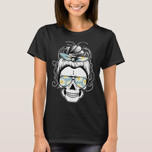 Messy Bun Skull Shirt Women's Daisy Halloween Shir (Voorkant)