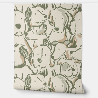 Messy Dog Sketches - Dierenschets - Beige Groen Behang