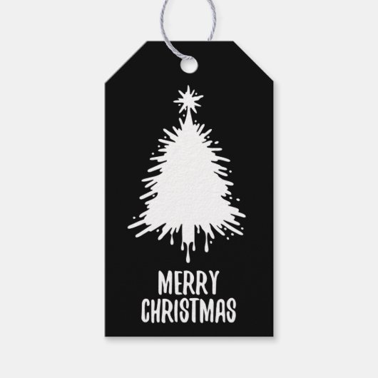Messy & Grungy Black & White Merry Christmas Tree Cadeaulabel (Voorkant)