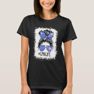 Messy Hair Blue Bow Glasses Lpn Nurse Bun Healthca T-shirt
