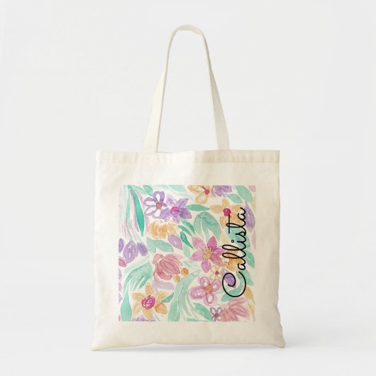 Messy Pink Oranje Floral Waterverf Monogram Tote Bag (Voorkant)