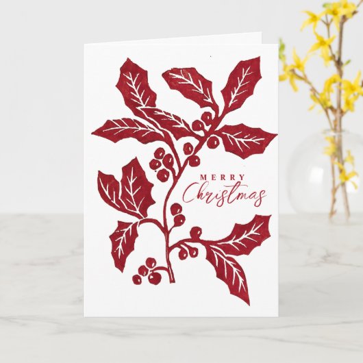 Met de hand Creëer linocut holly artwork kerst Kaart (Gele Bloem)