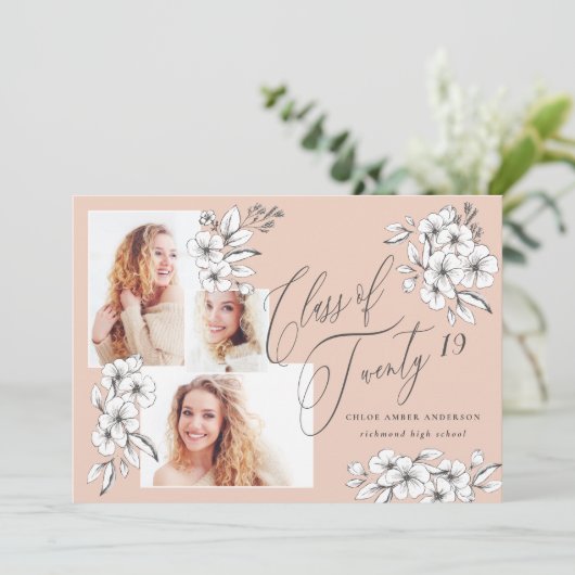 Met de hand geïllustreerde florale klasse van 2019 aankondiging (Staand voorkant)