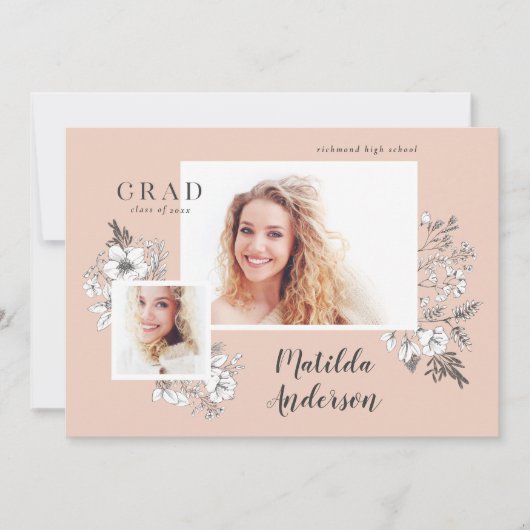 Met de hand geïllustreerde florale multi-foto afst aankondiging (Voorkant)