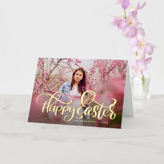 Met de hand gelaatste Gold Foil Script Photo Easte Folie Feestdagenkaart (Orchidee)