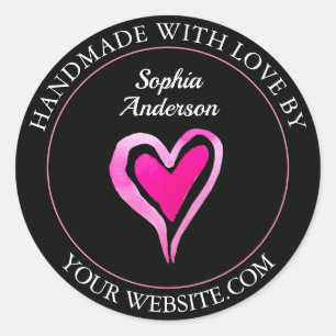 Met de Hand Gemaakt Met Liefde, Hart, Naam, Zwart Ronde Sticker