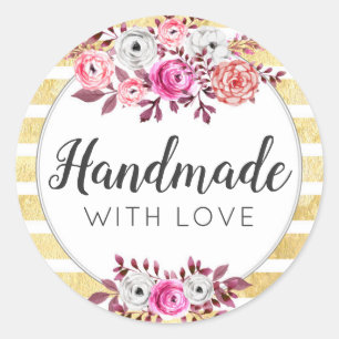 Met de hand gemaakt met liefde roze bloemen & goud ronde sticker