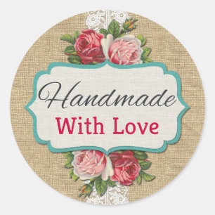 Met de Hand Gemaakt met Liefde Shabby Chic Rozen V Ronde Sticker