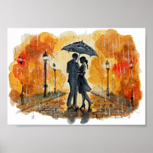 Met de hand geschilderd romantisch paar in regen a poster