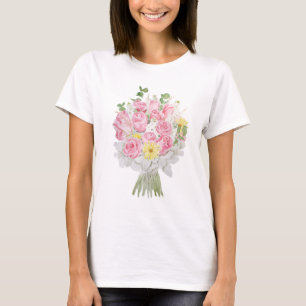 met de hand geschilderd Roze roos en geel daisy bo T-shirt