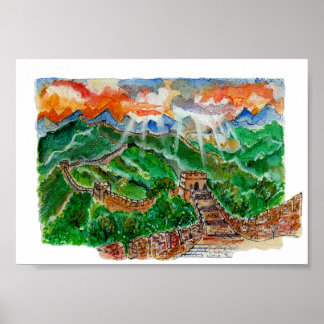 Met de hand geschilderde Chinese Muur aquarel kuns Poster
