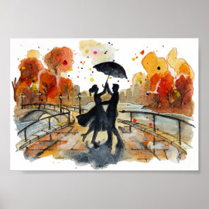 Met de hand geschilderde herfst stad koppel silhou poster