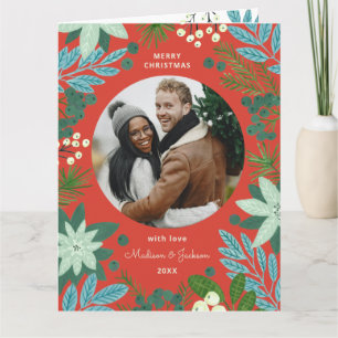 Met de hand geschilderde kerstfoto met poinsettia' kaart