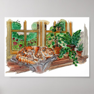 Met de hand geschilderde knusse raamkat aquarel ku poster