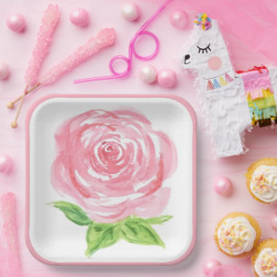 Met de hand geschilderde losse waterverf roos bloe papieren bordje