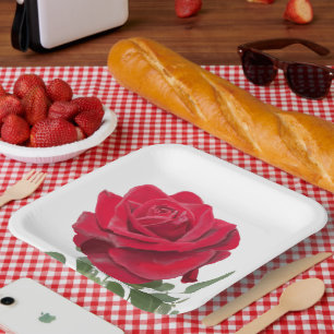 Met de hand geschilderde rode roos papieren bordje