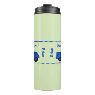 Met de hand geschilderde vintage blauwe vrachtwage thermosbeker