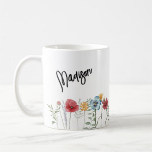 Met de hand geschilderde waterverf wilde bloemen m koffiemok