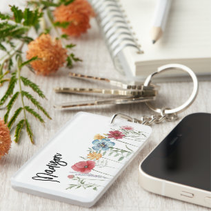 Met de hand geschilderde waterverf wilde bloemen m sleutelhanger