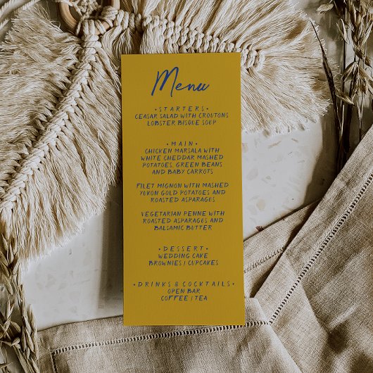 Met de hand geschreven geel blauw Italiaans huweli Menu