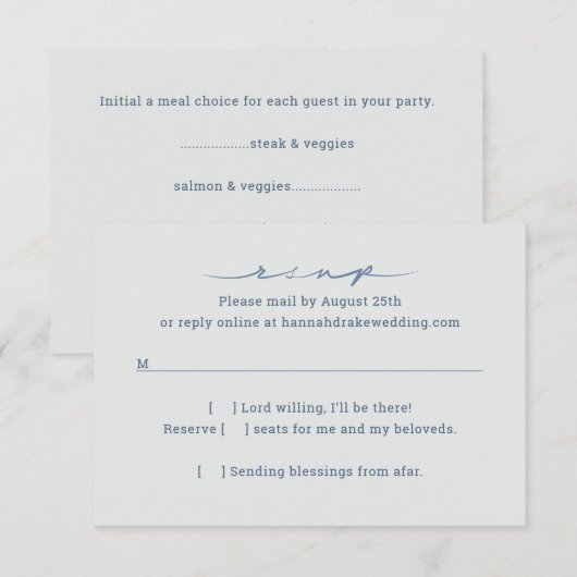 Met de hand geschreven huwelijksreactie & maaltijd RSVP kaartje (Voorkant / Achterkant)