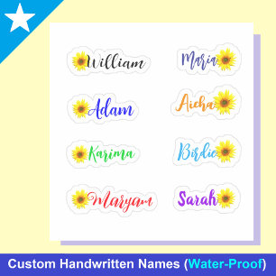 Met de hand geschreven namen, zonnebloemen: waterd sticker