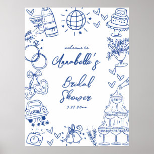 Met de Hand Getekend Blauw Bruids Bruiloft Welkom Poster