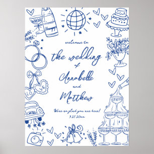 Met de Hand Getekend Blauw Whimsical Trouw Welkom Poster
