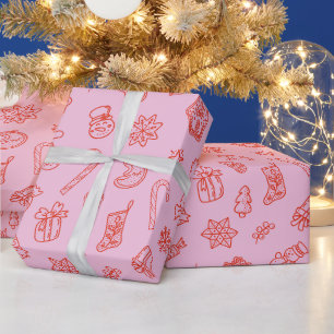 Met de hand getekend kerst roze en rood inpakpapie cadeaupapier