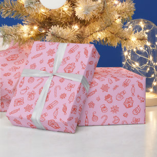 Met de hand getekend kerst roze en rood inpakpapie cadeaupapier