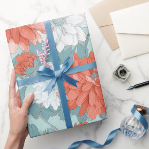 Met de Hand Getekend Koraal Bloem Mint Bloemmotief Cadeaupapier
