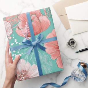 Met de Hand Getekend Koraal Bloem Mint Bloemmotief Cadeaupapier