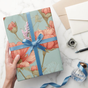Met de Hand Getekend Koraal Bloem Mint Bloemmotief Cadeaupapier