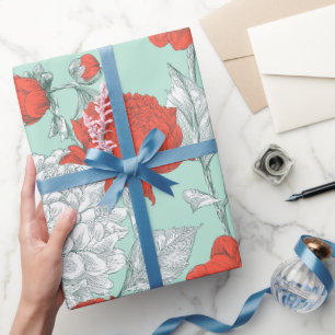 Met de Hand Getekend Koraal Bloem Mint Bloemmotief Cadeaupapier
