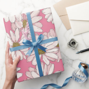 Met de hand getekend roze madeliefje wit bloempatr cadeaupapier