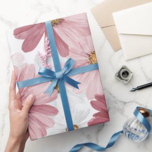 Met de Hand Getekend Roze Madeliefje Witte Bloemmo Cadeaupapier