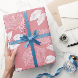 Met de Hand Getekend Roze Roos Wit Bloemmotief Cadeaupapier