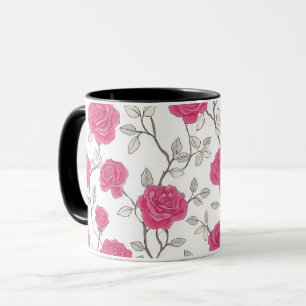 Met de Hand Getekend Roze Roos Wit Bloemmotief Mok