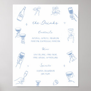 Met de Hand Getekend Stofblauw Trouw Bar Drankmenu Poster