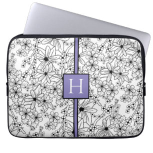 Met de hand getekend wit bloempatroon paarse monog laptop sleeve