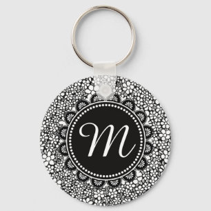 Met de hand getekend zwart-wit bloempatroon monogr sleutelhanger