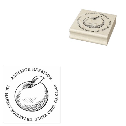 Met de hand getekende appel | Ronde naam & retoura Rubberstempel (Gestempeld)