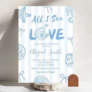 Met de hand getekende blauwe 'All I sea is love' b Kaart