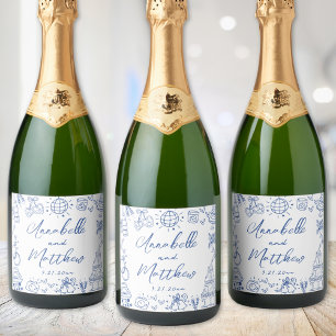 Met de Hand Getekende Blauwe Fantasievolle Huwelij Sparkling Wijnetiket